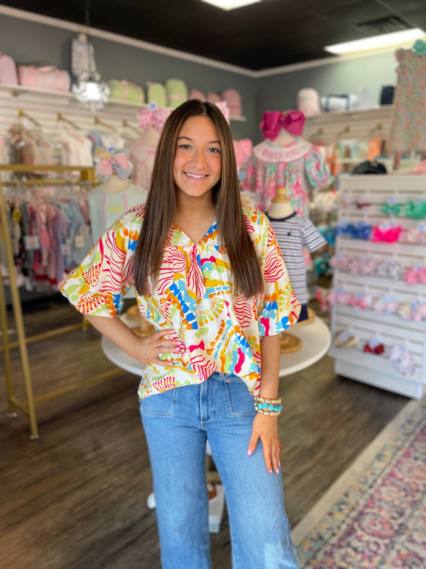 Abstract Print Bubble Sleeve Top