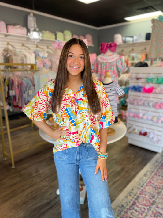 Abstract Print Bubble Sleeve Top