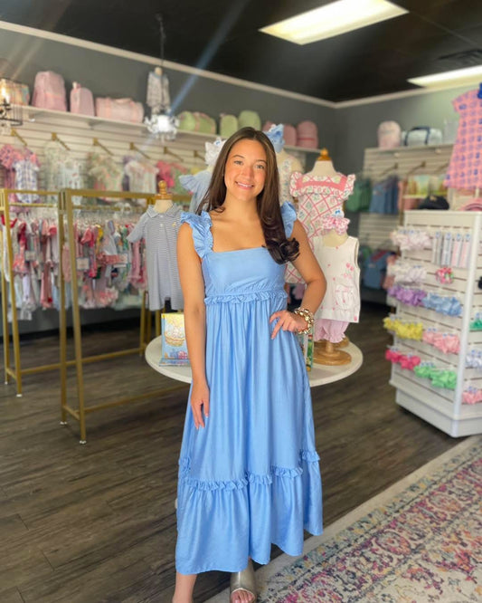 Blue Ruffle Sleeveless Midi Dress