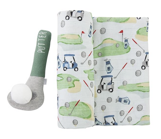 Boy Golf Muslin Blanket & Rattler