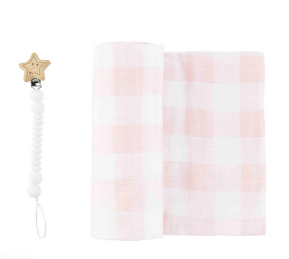 Pink Gingham Swaddle & Paci Clip