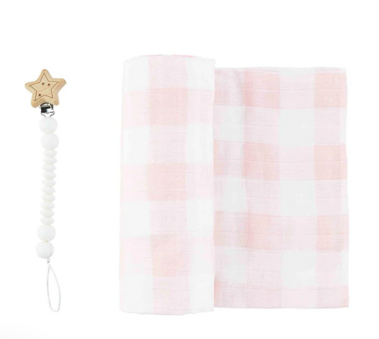 Pink Gingham Swaddle & Paci Clip